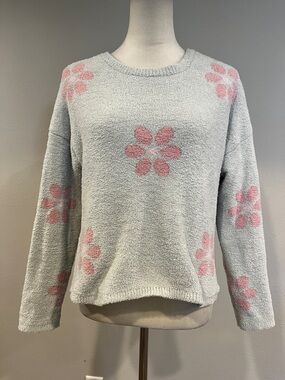Sincerely Jules Cozy Floral Crewneck Sweater - Light blue Gray with Pink Flowers